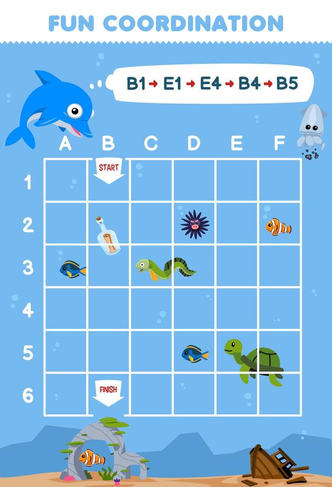Education game for children draw the way according to the coordinates to help dolphin move to the coral stone printable underwater worksheet vector