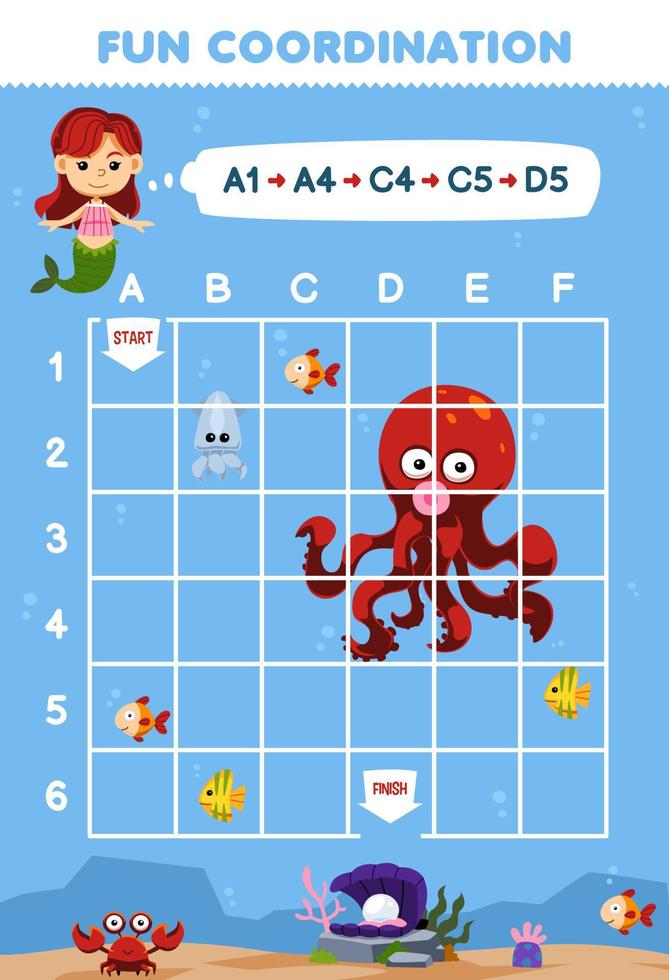 Education game for children draw the way according to the coordinates to help mermaid move to the shell printable underwater worksheet vector