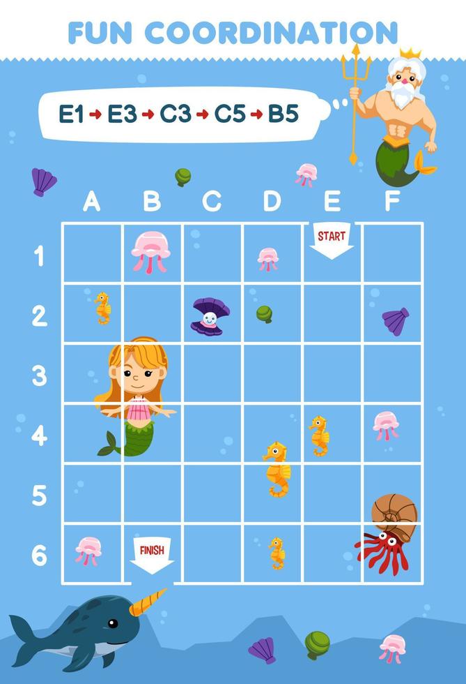 Education game for children draw the way according to the coordinates to help old mermaid move to the narwhal printable underwater worksheet vector