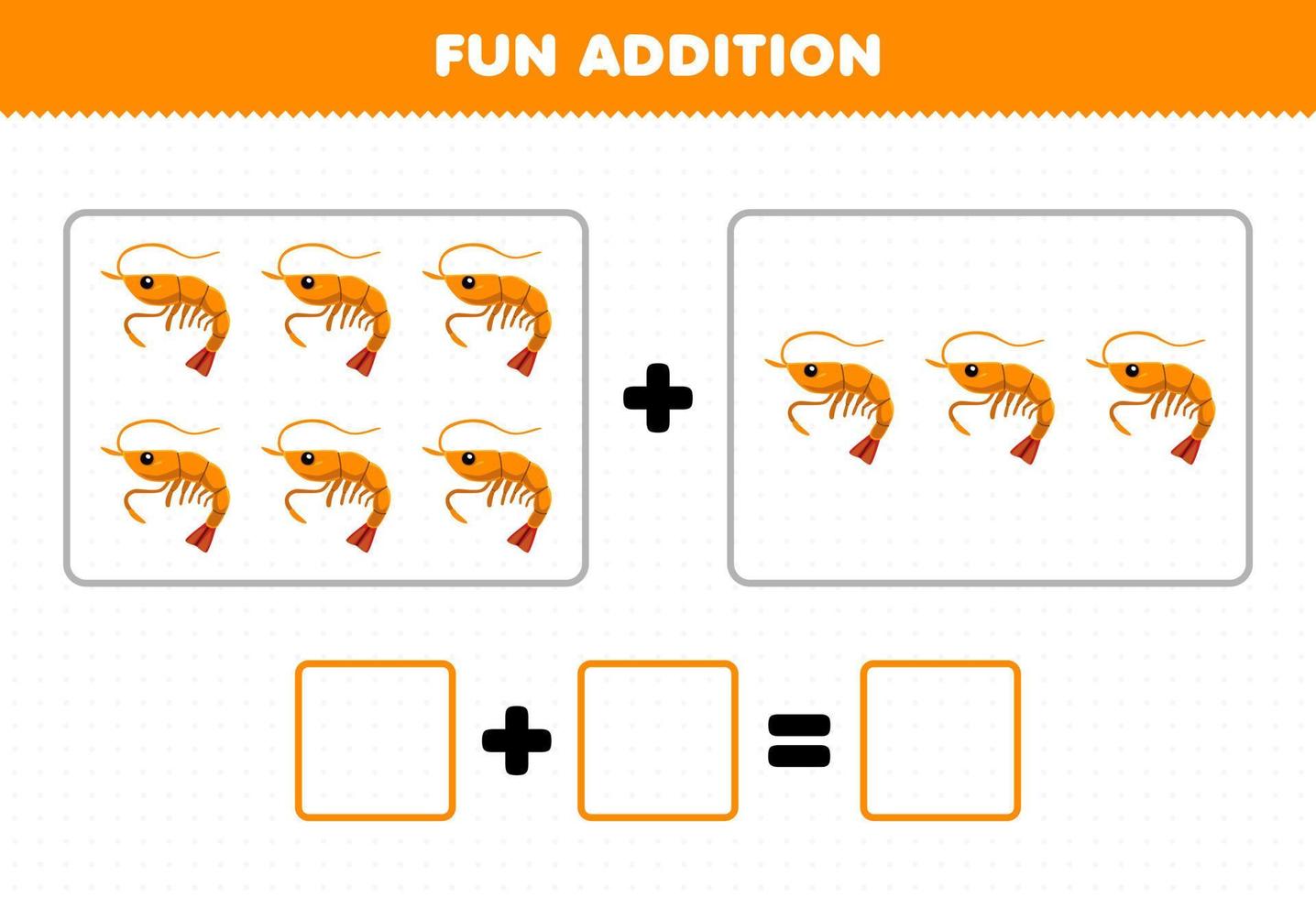 Education game for children fun addition by counting cute cartoon shrimp pictures printable underwater worksheet vector