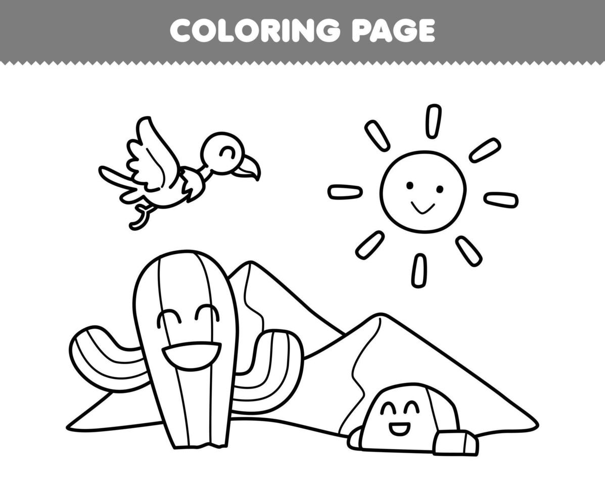 Education game for children coloring page of cute cartoon cactus rock and vulture in the desert line art printable nature worksheet vector