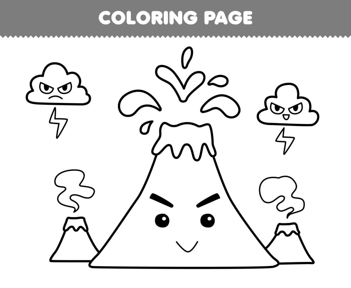 Education game for children coloring page of cute cartoon volcano and cloud with thunder line art printable nature worksheet vector