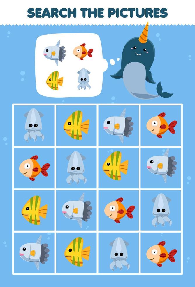 Education game for children help cute cartoon narwhal square the correct animal set picture printable underwater worksheet vector