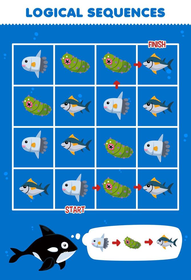 juego educativo para niños secuencia lógica ayuda orca ordenar pez luna pepino de mar y atún de principio a fin hoja de trabajo subacuática imprimible vector