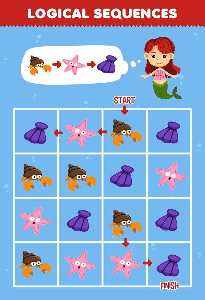 juego educativo para niños secuencia lógica ayuda a la sirena a clasificar cangrejo ermitaño estrella de mar y concha de principio a fin hoja de trabajo subacuática imprimible vector