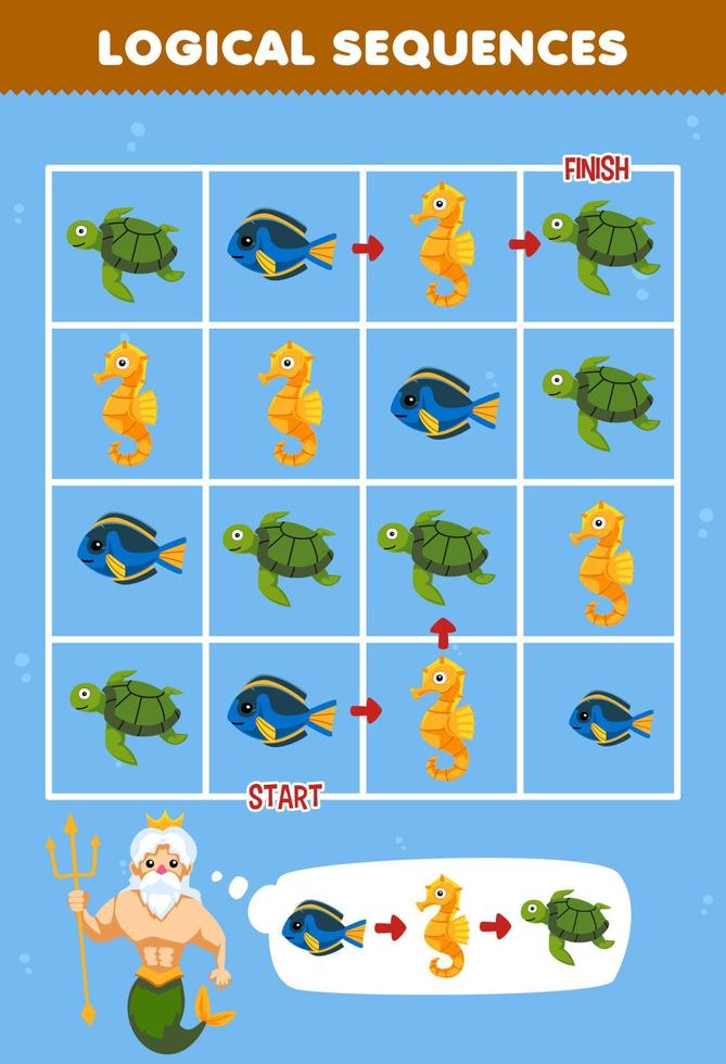 juego educativo para niños secuencia lógica ayuda a la sirena a clasificar peces caballitos de mar y tortugas de principio a fin hoja de trabajo subacuática imprimible vector