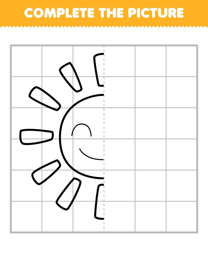 juego educativo para niños completa la imagen de la mitad del contorno del sol de dibujos animados lindo para dibujar la hoja de trabajo de la naturaleza imprimible vector