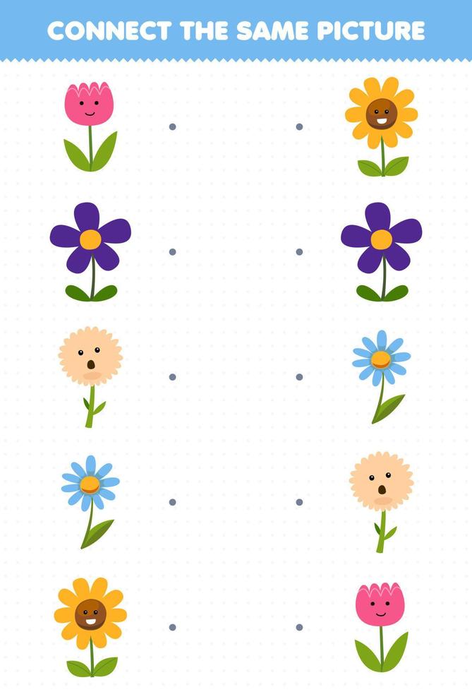 Education game for children connect the same picture of cartoon flower printable nature worksheet vector