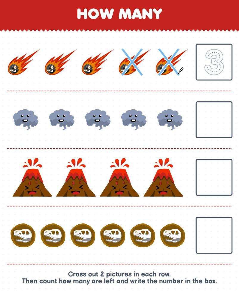 Education game for children count how many cute cartoon meteor volcano smoke fossil and write the number in the box printable nature worksheet vector