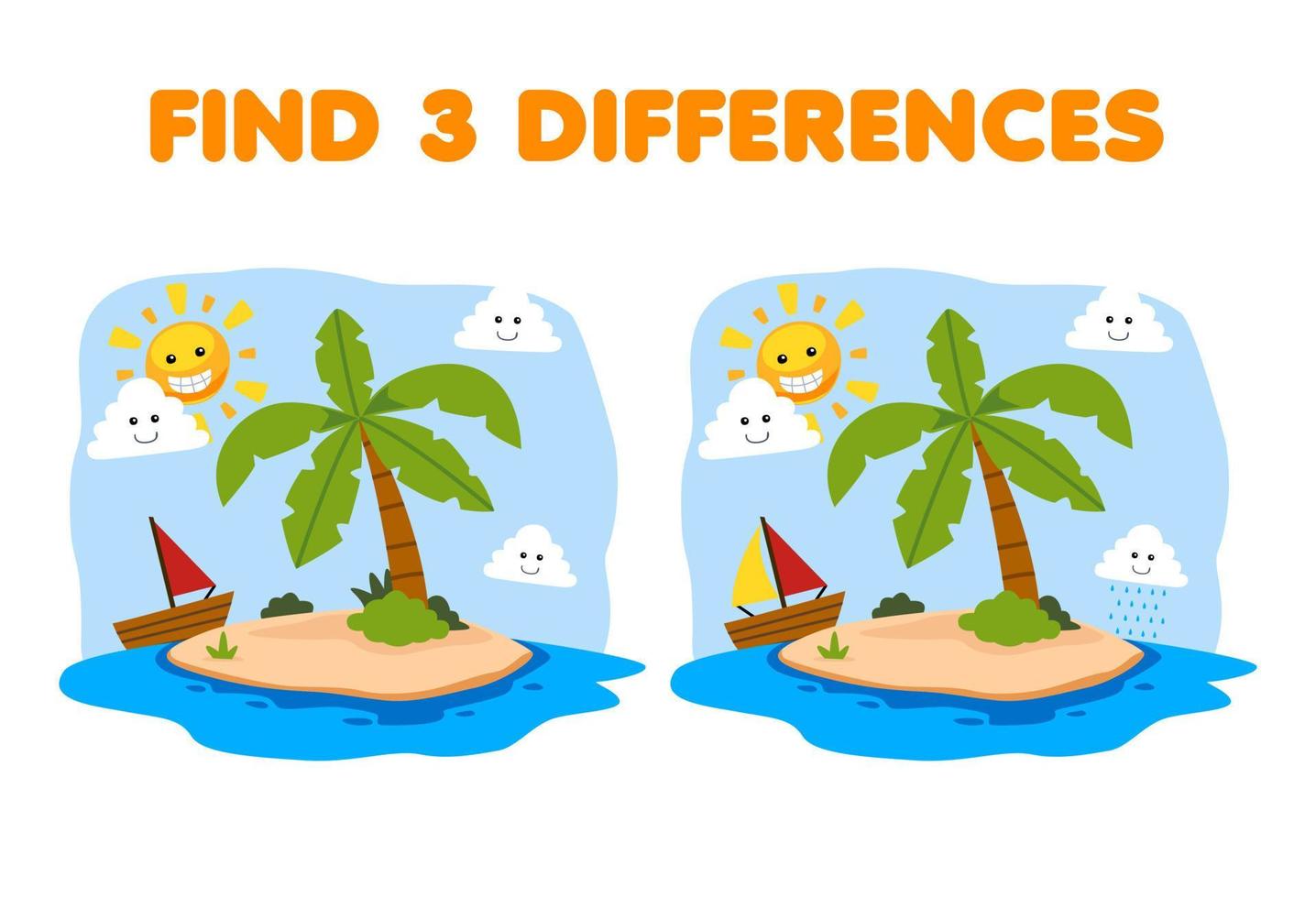 Education game for children find three differences between two cute cartoon island printable nature worksheet vector