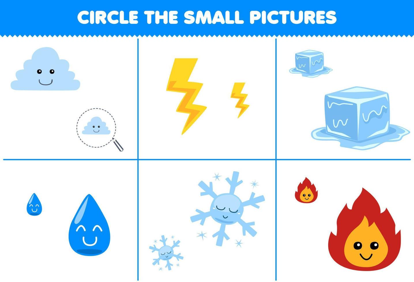 juego educativo para niños encierra en un círculo la imagen pequeña de dibujos animados lindo nube trueno hielo agua copo de nieve fuego naturaleza imprimible hoja de trabajo vector