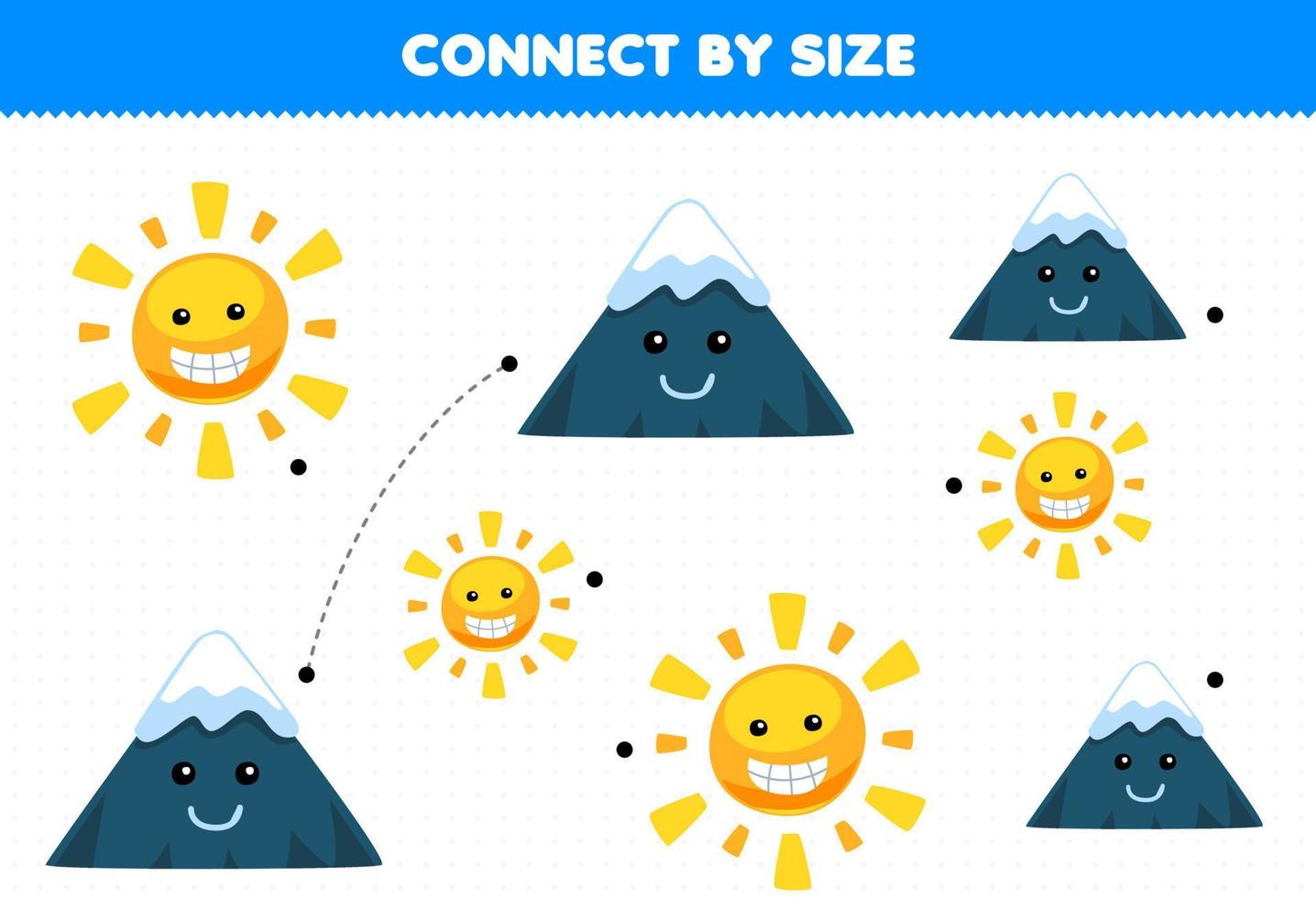 Educational game for kids connect by the size of cute cartoon sun and mountain printable nature worksheet vector