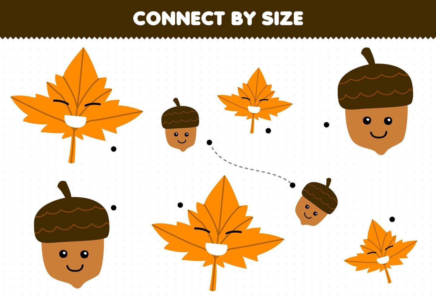 Educational game for kids connect by the size of cute cartoon maple leaf and acorn printable nature worksheet vector