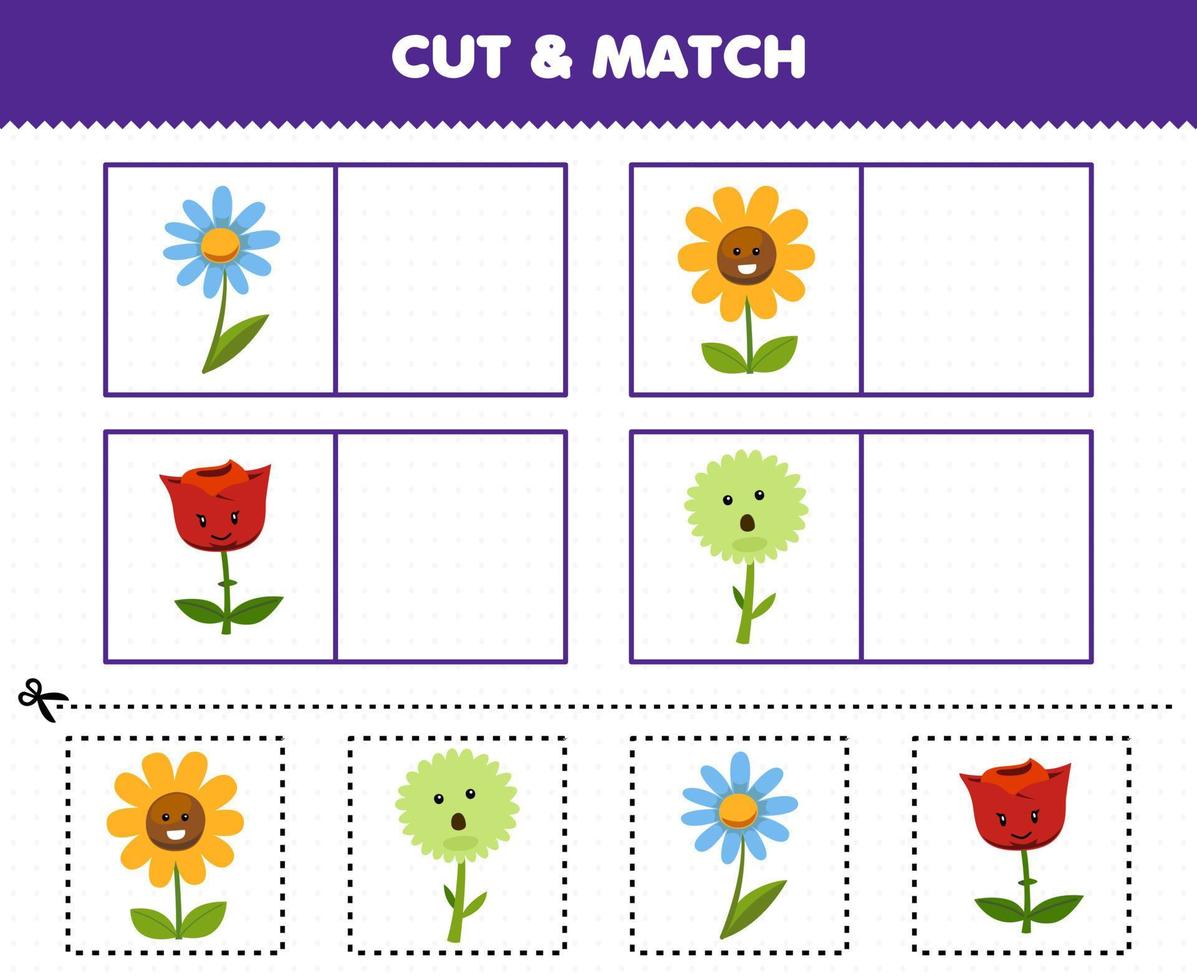 Education game for children cut and match the same picture of cute cartoon flower printable nature worksheet vector