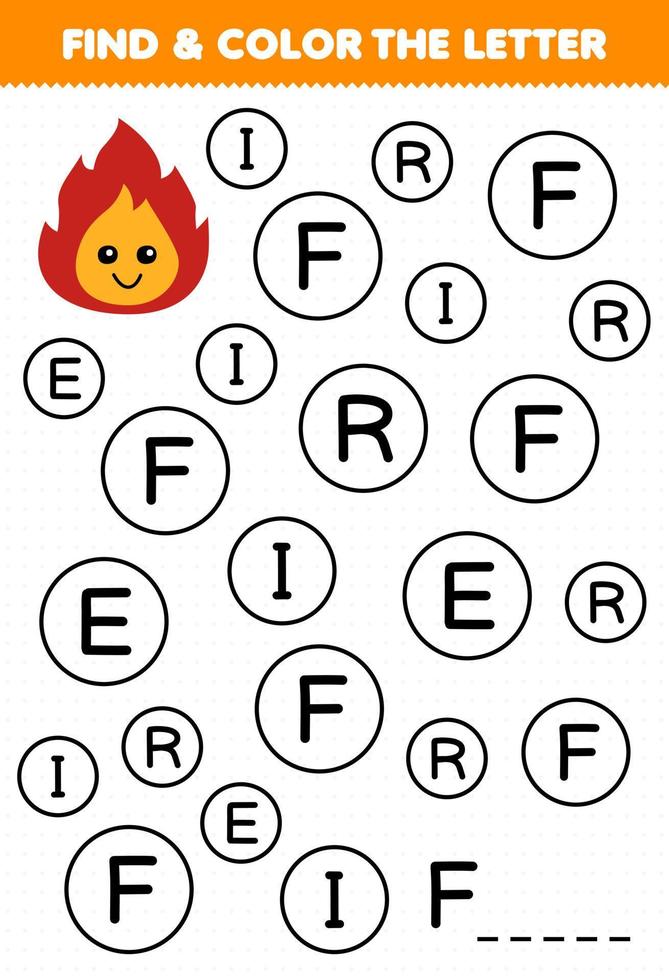 Education game for children find and color letter F for fire printable nature worksheet vector