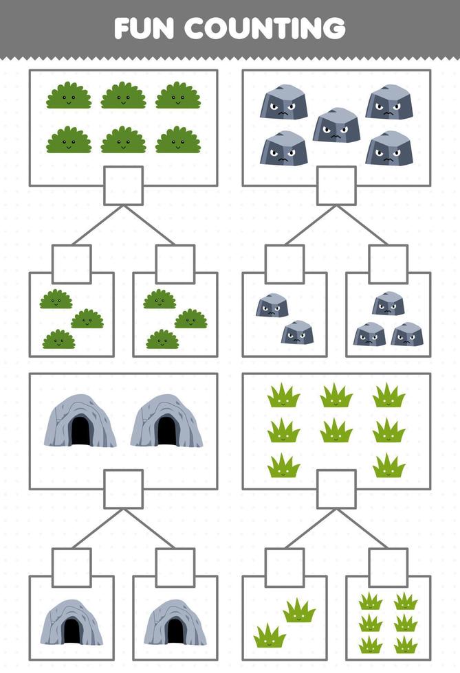Education game for children fun counting picture in each box of cute cartoon bush stone cave grass printable nature worksheet vector