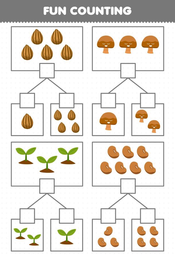 Education game for children fun counting picture in each box of cute cartoon seed mushroom plant bean printable nature worksheet vector