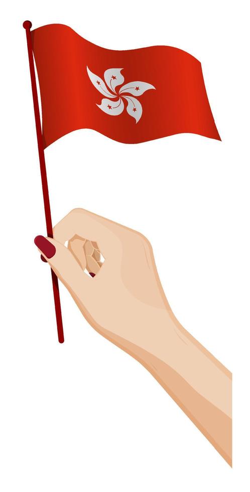 Female hand gently holds small flag of hong kong. Holiday design element. Cartoon vector on white background