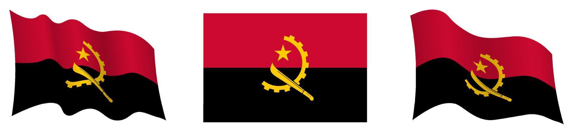 Angola flag in static position and in motion, fluttering in wind in exact colors and sizes, on white background vector