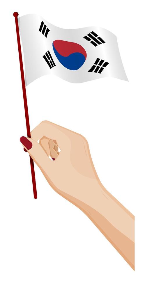 Female hand gently holds small Flag of republic of Korea. Holiday design element. Cartoon vector on white background