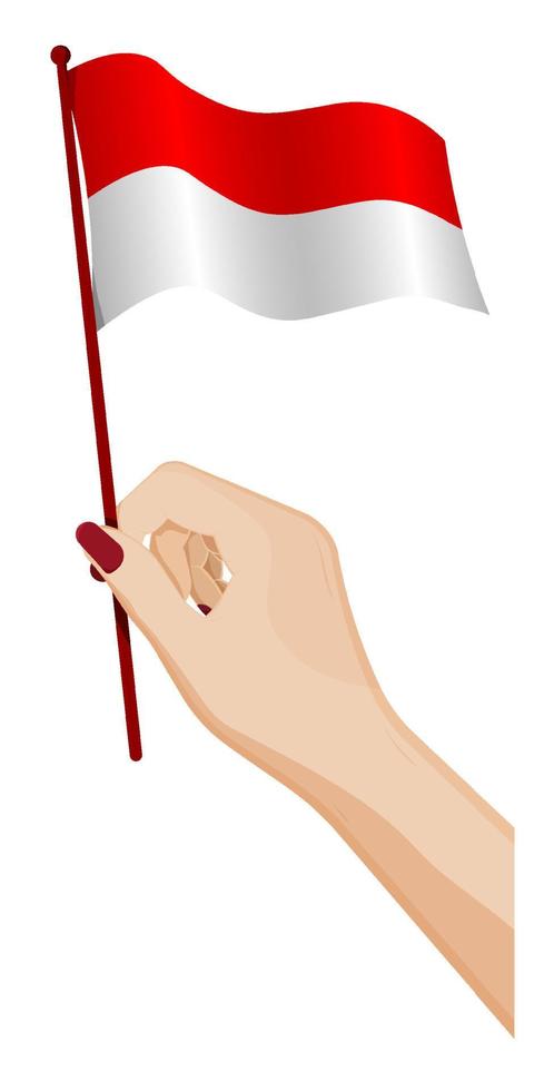 Female hand gently holds small flag of Republic of Indonesia. Holiday design element. Cartoon vector on white background