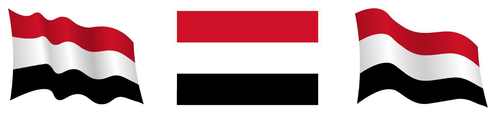 bandera de la república de yemen en posición estática y en movimiento, ondeando en el viento en colores y tamaños exactos, sobre fondo blanco vector