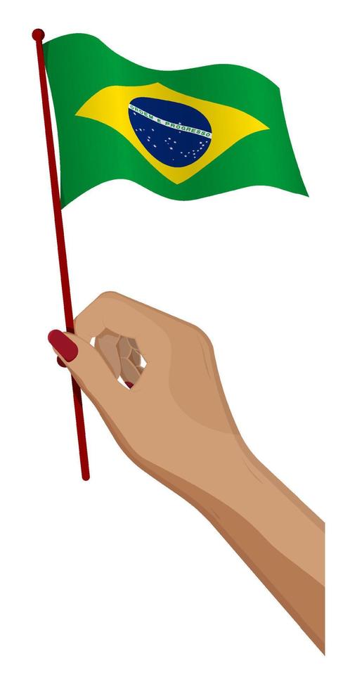 Female hand gently holds small Flag of Republic of Brazil. Holiday design element. Cartoon vector on white background