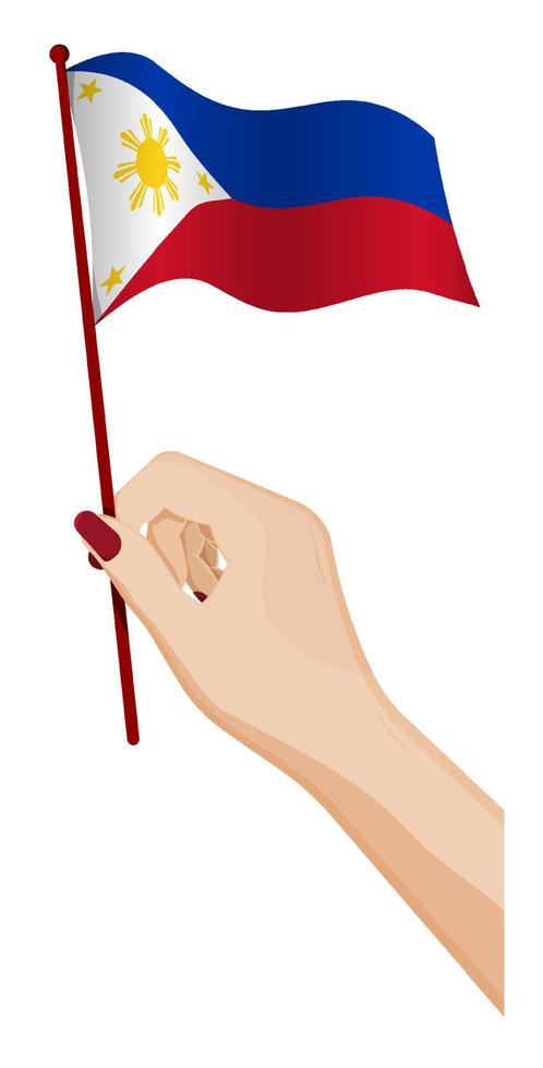la mano femenina sostiene suavemente una pequeña bandera de la república de filipinas. elemento de diseño de vacaciones. vector de dibujos animados sobre fondo blanco