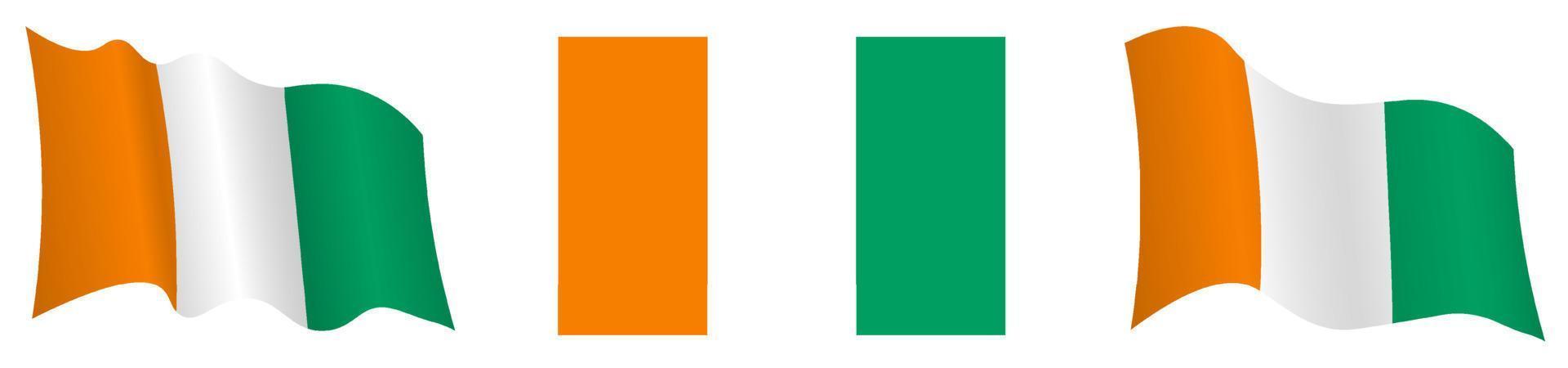 Cote d'Ivoire flag in static position and in motion, fluttering in wind in exact colors and sizes, on white background vector