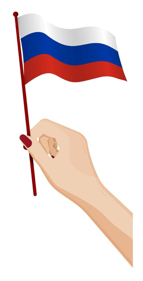 Female hand gently holds small flag of Russia, Russian Federation. Holiday design element. Cartoon vector on white background