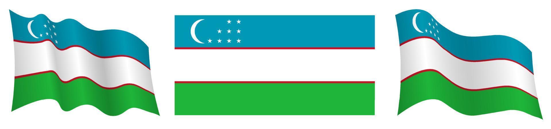 flag of uzbekistan in static position and in motion, fluttering in wind in exact colors and sizes, on white background vector