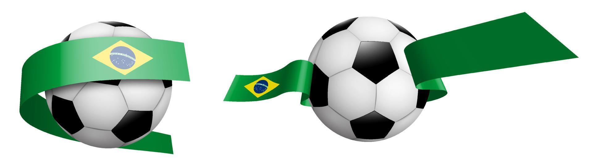 balls for soccer, classic football in ribbons with colors Flag of Republic of Brazil. Design element for football competitions. Isolated vector on white background