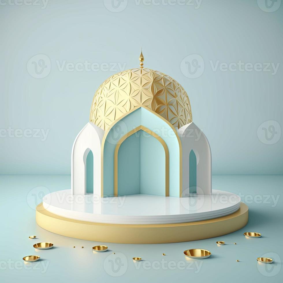Islamic theme product display background in 3d rendering illustration design, Mosque portal frame with podium or stage and empty space. photo