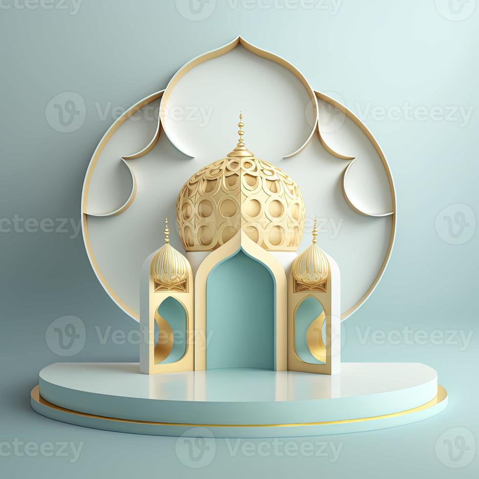 Islamic theme product display background in 3d rendering illustration design, Mosque portal frame with podium or stage and empty space. photo