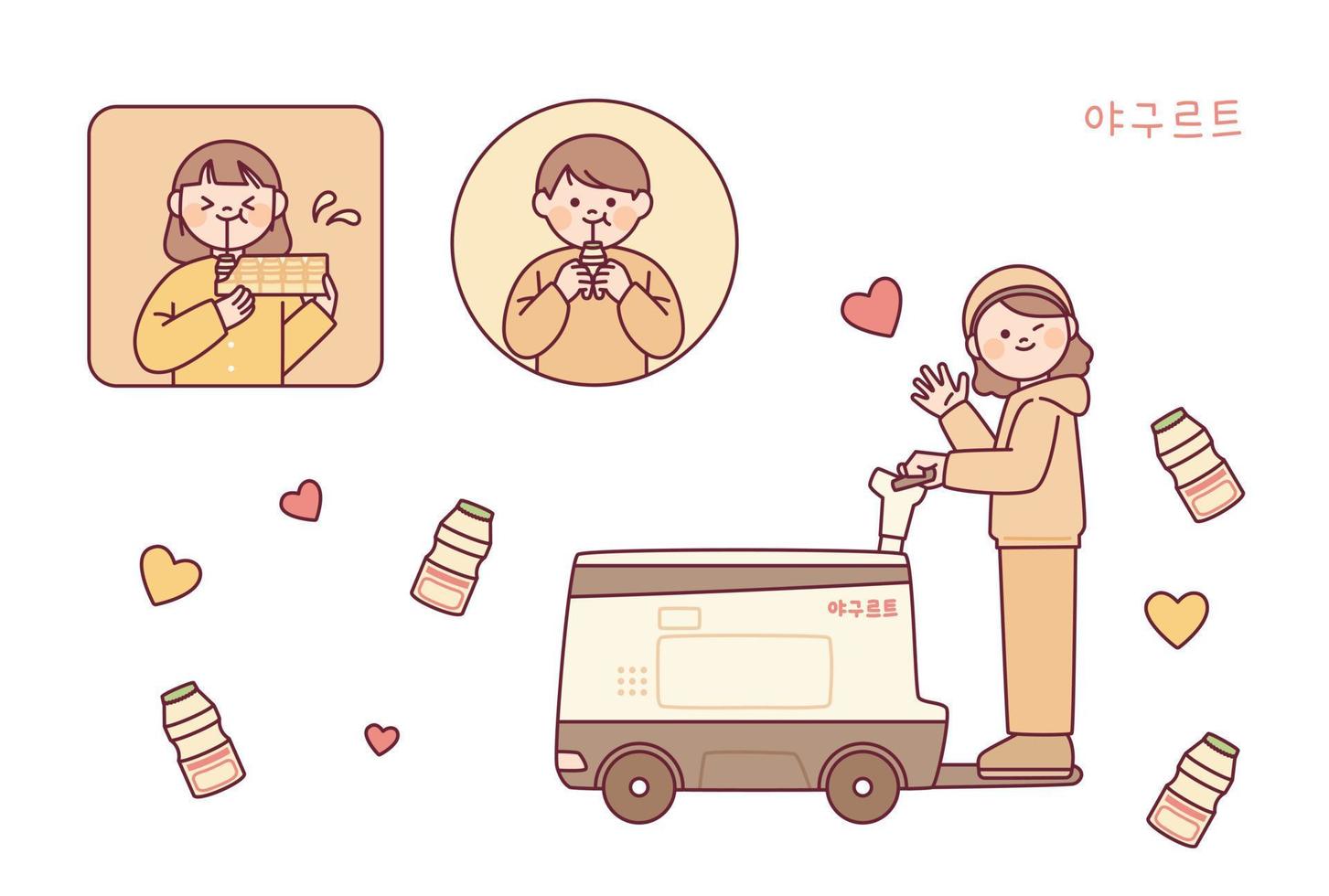 Korean street Yakult cart. A yogurt salesperson is saying hello. People are drinking yogurt through a straw. vector