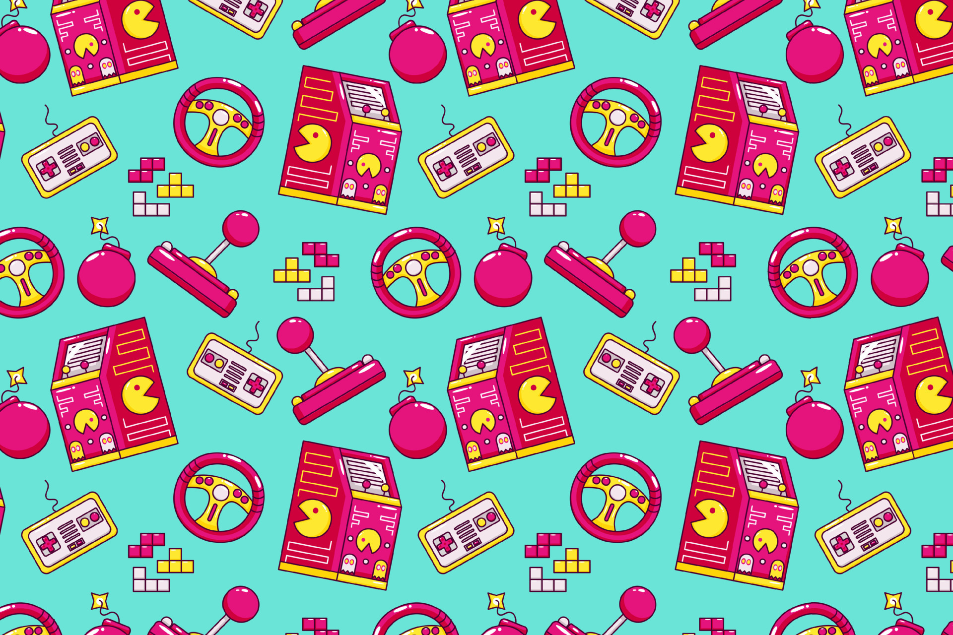 Retro game. Arcade game machine, joy stick, gun control, pocket console ...