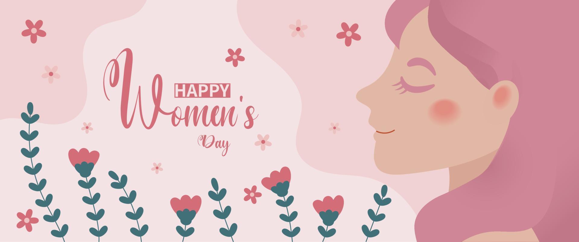 Happy women's day banner in pink color with female profile picture vector