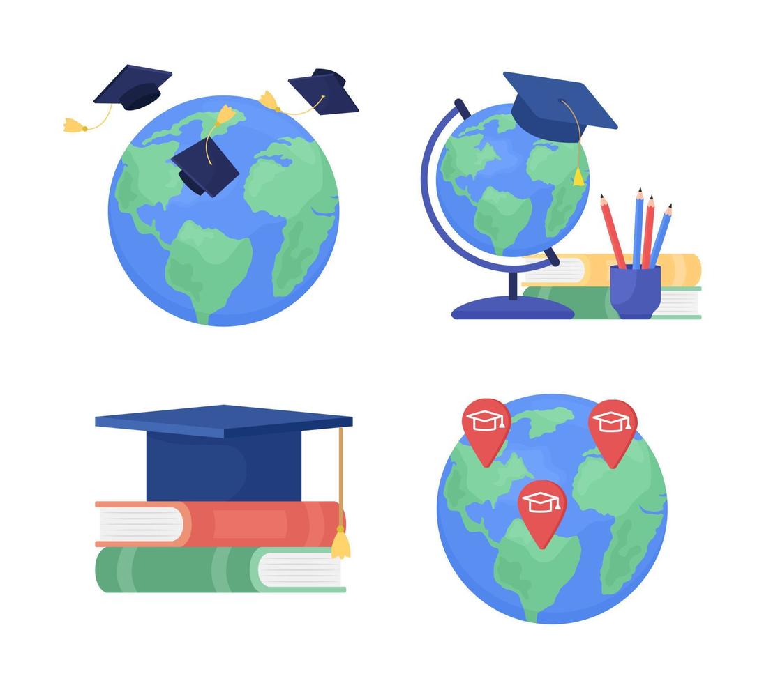 Study abroad destinations semi flat color vector objects set. Editable
