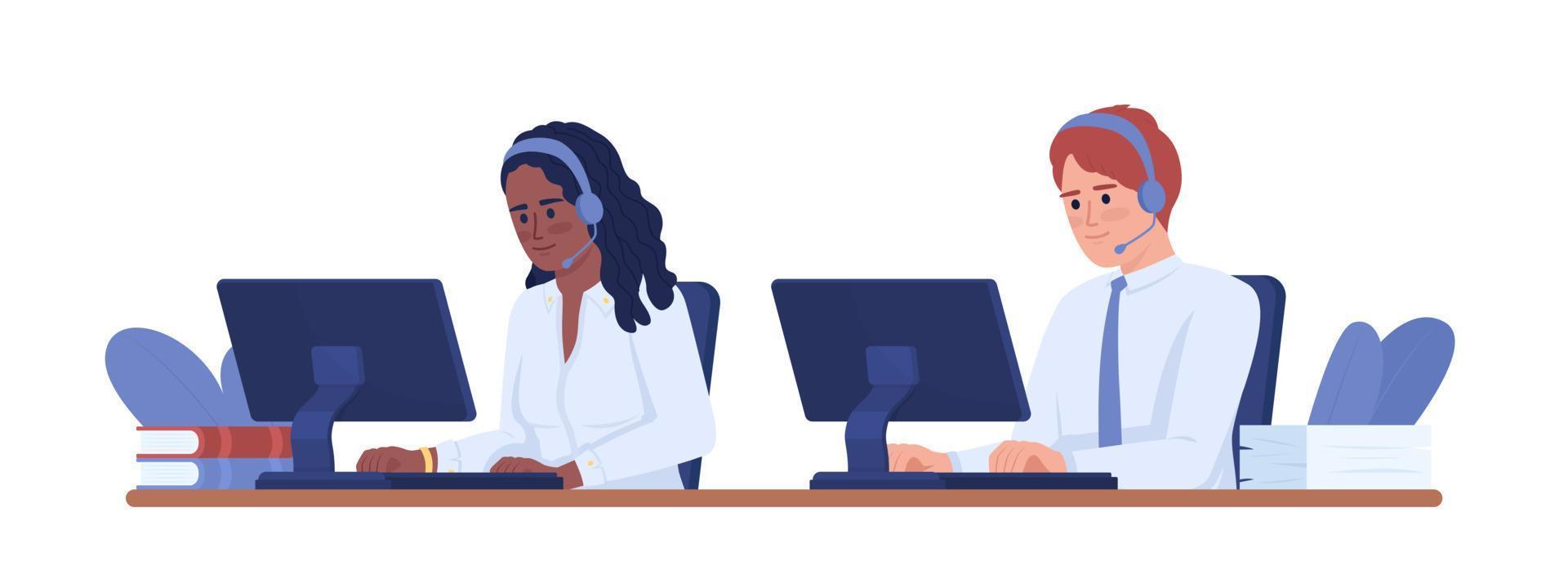 Dispatchers in call center semi flat color vector characters. 911 operators. Editable figures. Full body people on white. Simple cartoon style illustration for web graphic design and animation