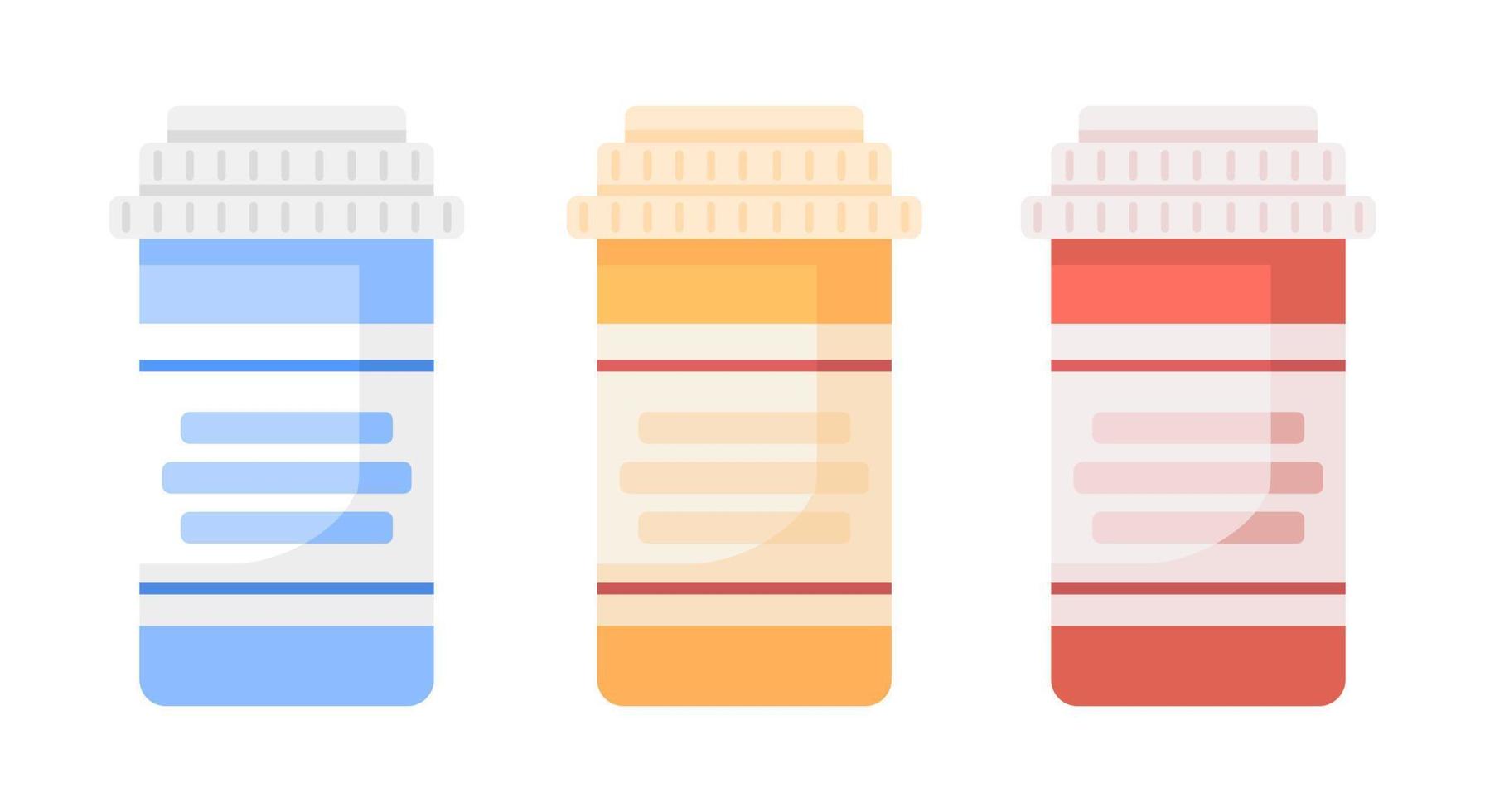 Bottles with drugs semi flat color vector objects set. Editable items. Full size element on white. Liquid medicines. Pills simple cartoon style illustrations for web graphic design and animation pack