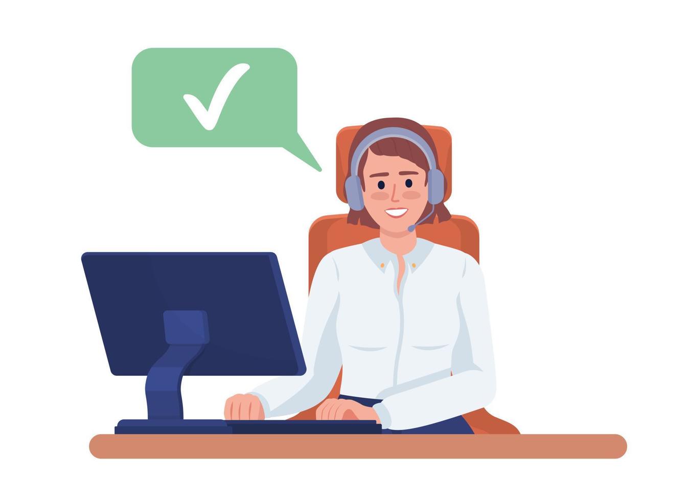Smiling female call center assistant semi flat color vector character. Editable figure with checkmark. Full body person on white. Simple cartoon style illustration for web graphic design and animation