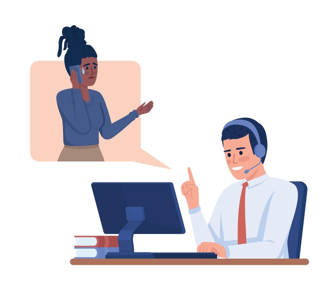 Consultant answering call from customer semi flat color vector characters. Editable figures. Full body people on white. Simple cartoon style illustration for web graphic design and animation