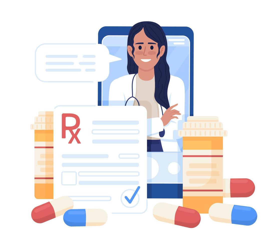 Online prescription for drugs flat concept vector illustration. Internet consultation. Editable 2D cartoon characters on white for web design. Creative idea for website, mobile, presentation