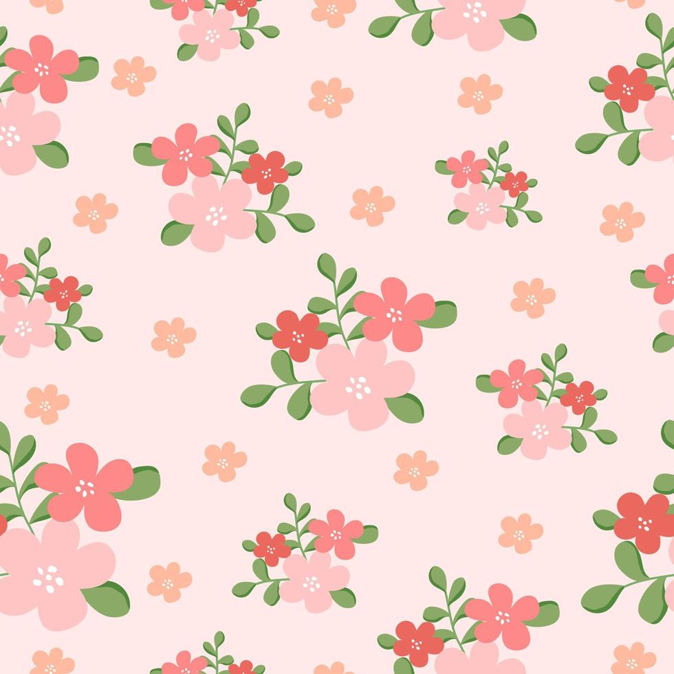 patrón impecable con flores rosadas y hojas verdes sobre fondo rosa. patrón de dibujo a mano botánico. textura de flor de primavera para tela, textil, papel pintado. ilustración vectorial 10 eps. vector