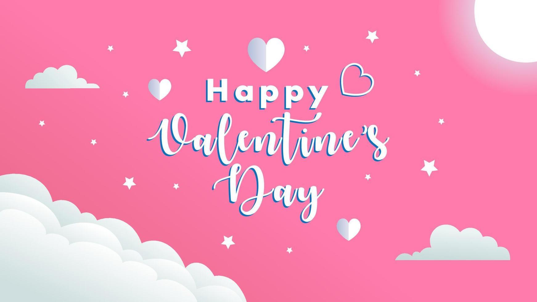 Cute Valentine's day concept background. Love sale banner or greeting card. Sweet Pinky Night Ambience with full moon, stars and clouds shape element, white paper heart illustration vector