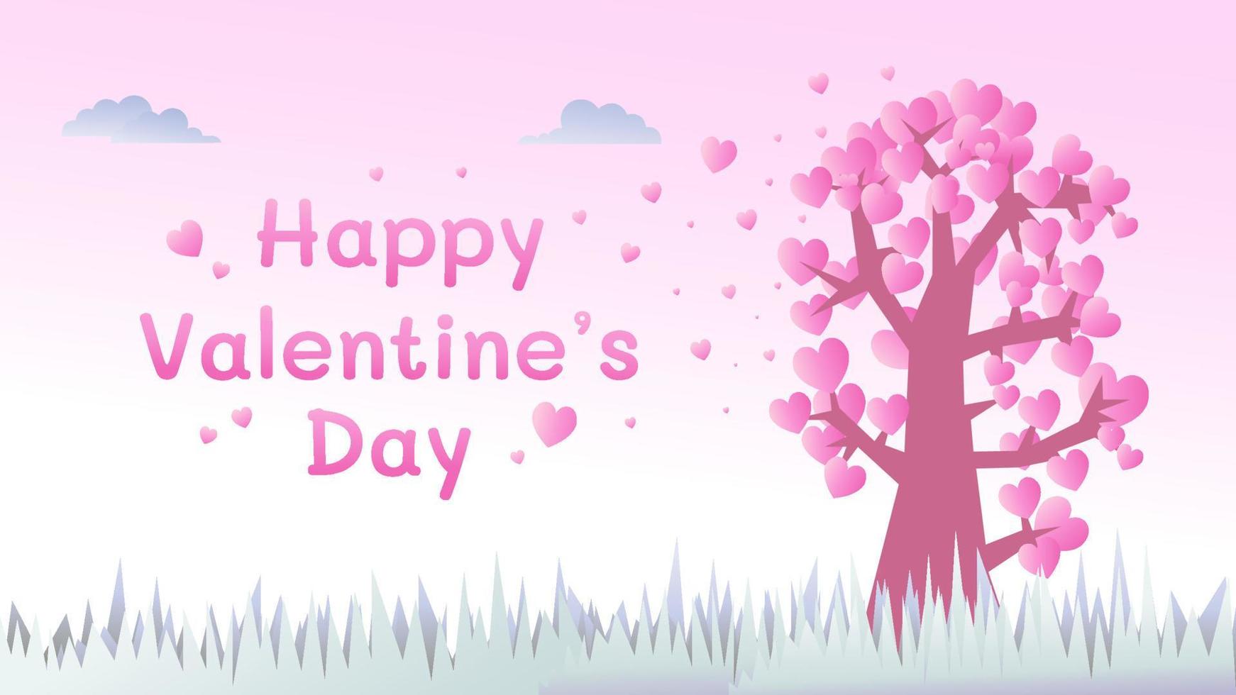Cute Valentine's Day Banner With Editable Text Style. Greeting Card With Sweet Anime Cartoon Landscape View Concept With Tree Of Love Element vector