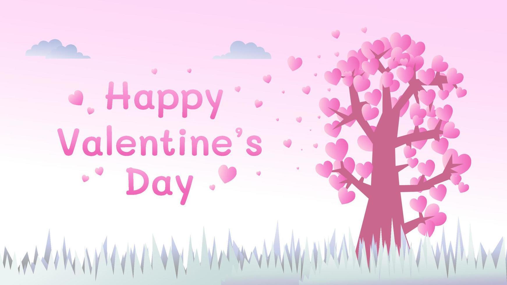 linda pancarta del día de san valentín con estilo de texto editable. tarjeta de felicitación con concepto de vista de paisaje de dibujos animados de anime dulce con elemento de árbol de amor vector