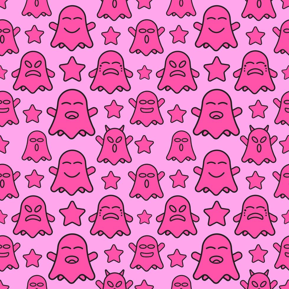 Cute ghost seamless pattern design with stars ornament. Outline design style with pink color theme. Flat character vector illustration.