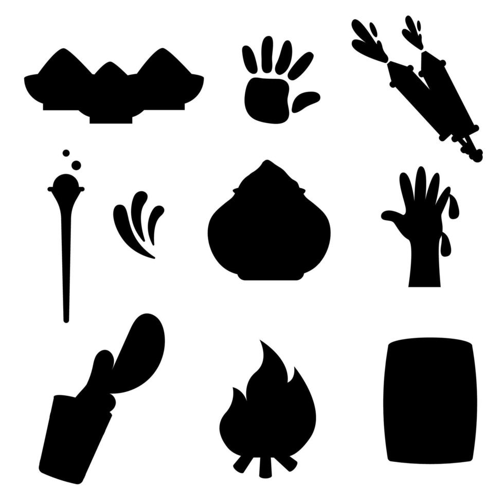 Set of silhouette elements for Holi festival. Hand in paint, paint, powder, fire vector