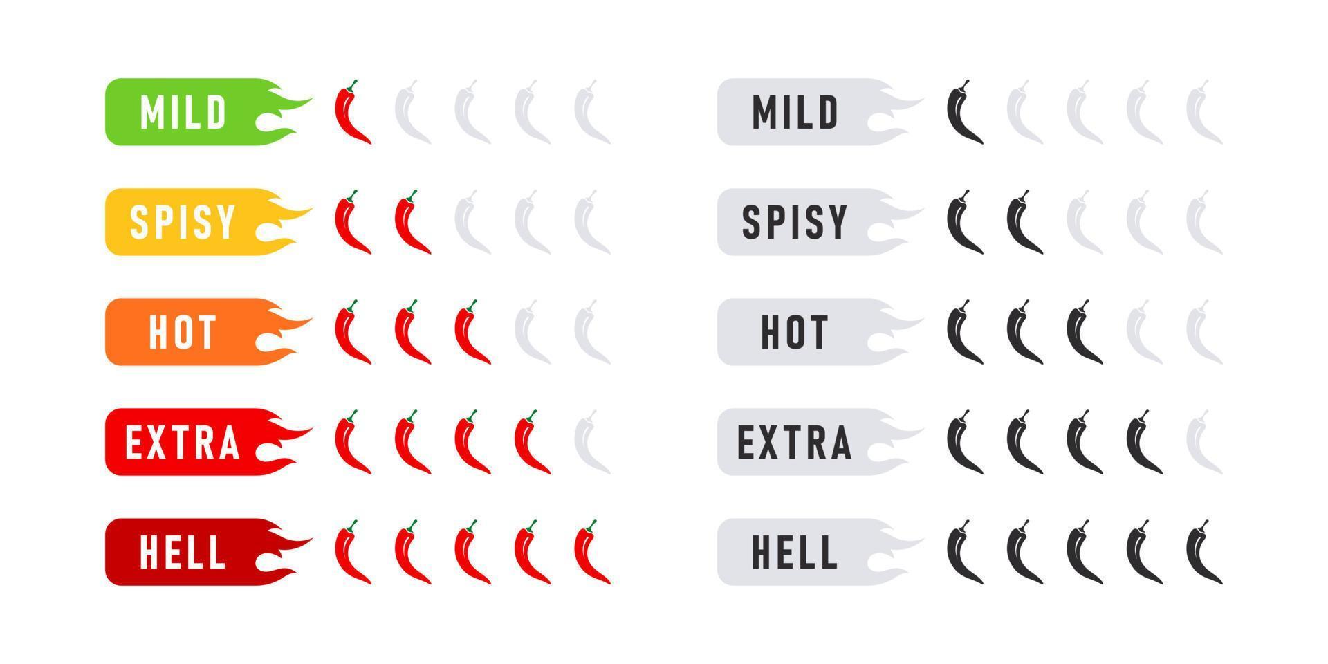 Food spiciness level. Hot natural chili pepper icons. Spicy and hot. Vector illustration